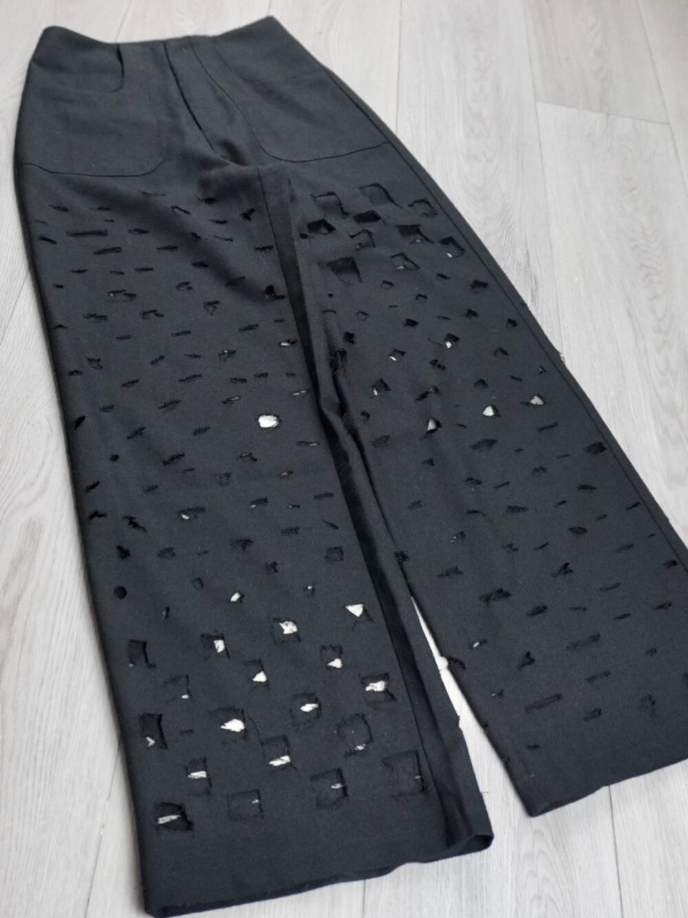 Handmade Distressed Black Wide Leg Pants Grunge Cut Out - Picture 5 of 5